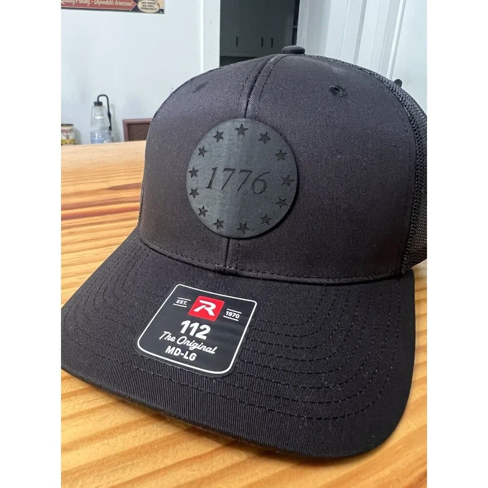 1776 Leather Patch Hat Richardson 112 All Black Size MD-LG NWT America 250 Cap
